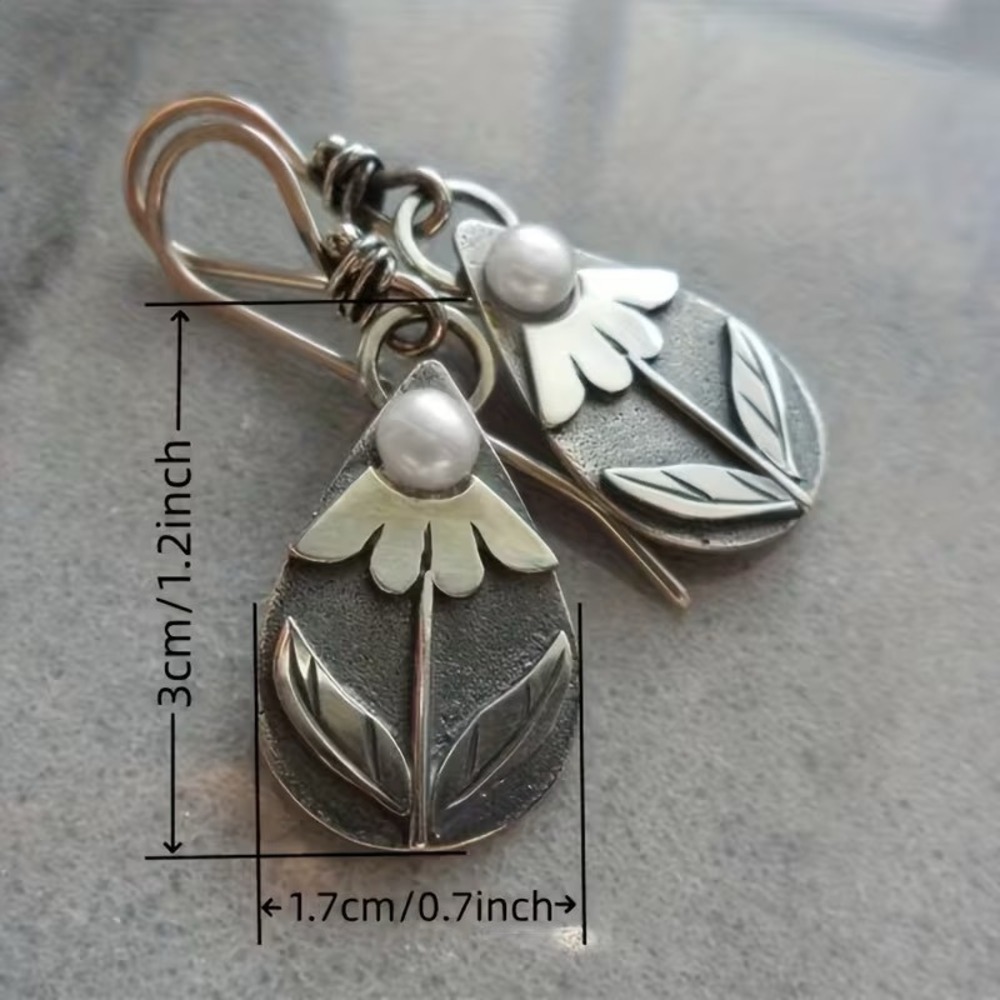 Floral Pearl Teardrop Dangle Earrings Silver Tone Boho Artisan Mixed Metal Style - Picture 4 of 4